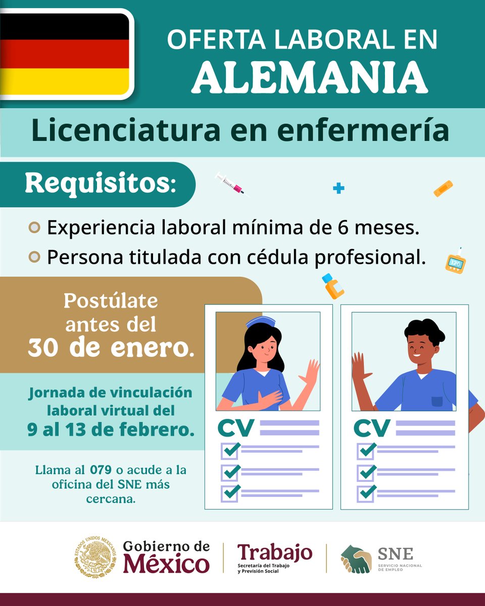 🇩🇪 #OfertaDeTrabajo en Alemania para personas tituladas en enfermería. ⚕️💉🩺🏥

Te invitamos a participar en la jornada de vinculación laboral que se llevará a cabo del 9 al 13 de febrero.

⏰ Postúlate antes del 30 de enero en nuestras oficinas.