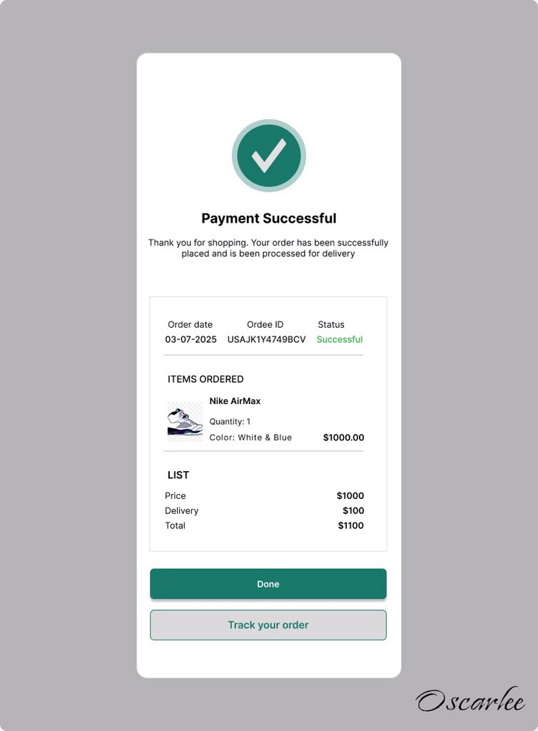 pelumiadegbuji's tweet image. Success isn't just about the transaction,it's about the seamless experience that follows. I redesigned this clean Payment Success UI as today's design challenge. What do you think? #DailyUI #UXDesign 

Original design.          My Redesign.