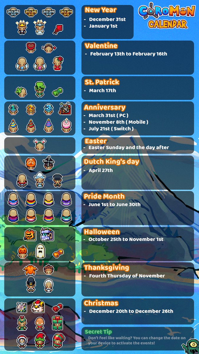 CoromonTheGame's tweet photo. Welcome to the New Year! In 2026, you can look forward to 10 different cosmetic events in Coromon.

We thought it might be a nice idea to give you a heads up of what’s to come, so here it is!

Which holiday are you most excited for? 🎊 

#indiegame #indiedev #monstertamer https://t.co/JcwXiNmvmR