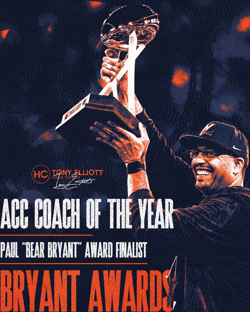 UVAFootball's tweet photo. ACC 𝐂𝐨𝐚𝐜𝐡 𝐨𝐟 𝐭𝐡𝐞 𝐘𝐞𝐚𝐫

𝘼𝙣𝙙 𝐅𝐢𝐧𝐚𝐥𝐢𝐬𝐭 for @bryantawards National COTY @Coach_TElliott 👏

#GoHoos 🔶⚔️🔷 https://t.co/42zHvrULKd