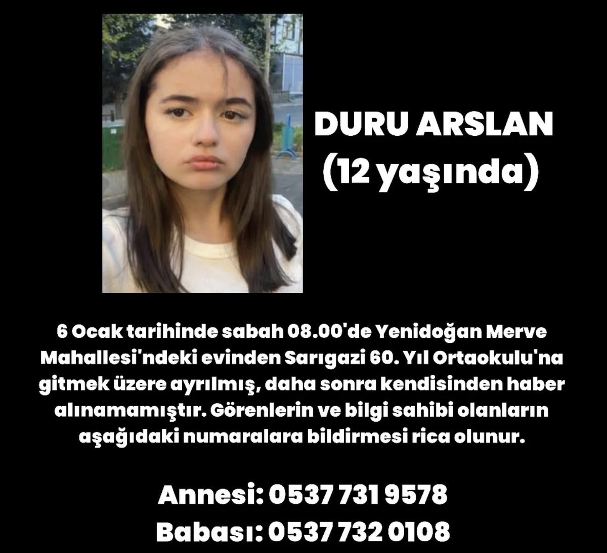 Arkadaşlar bu küçük çocuk 6 Ocak tan beri  24 saati aşan bir süredir  kayıp adı Duru Arslan, henüz 12 yaşında paylaşalım  duyuralım 👇