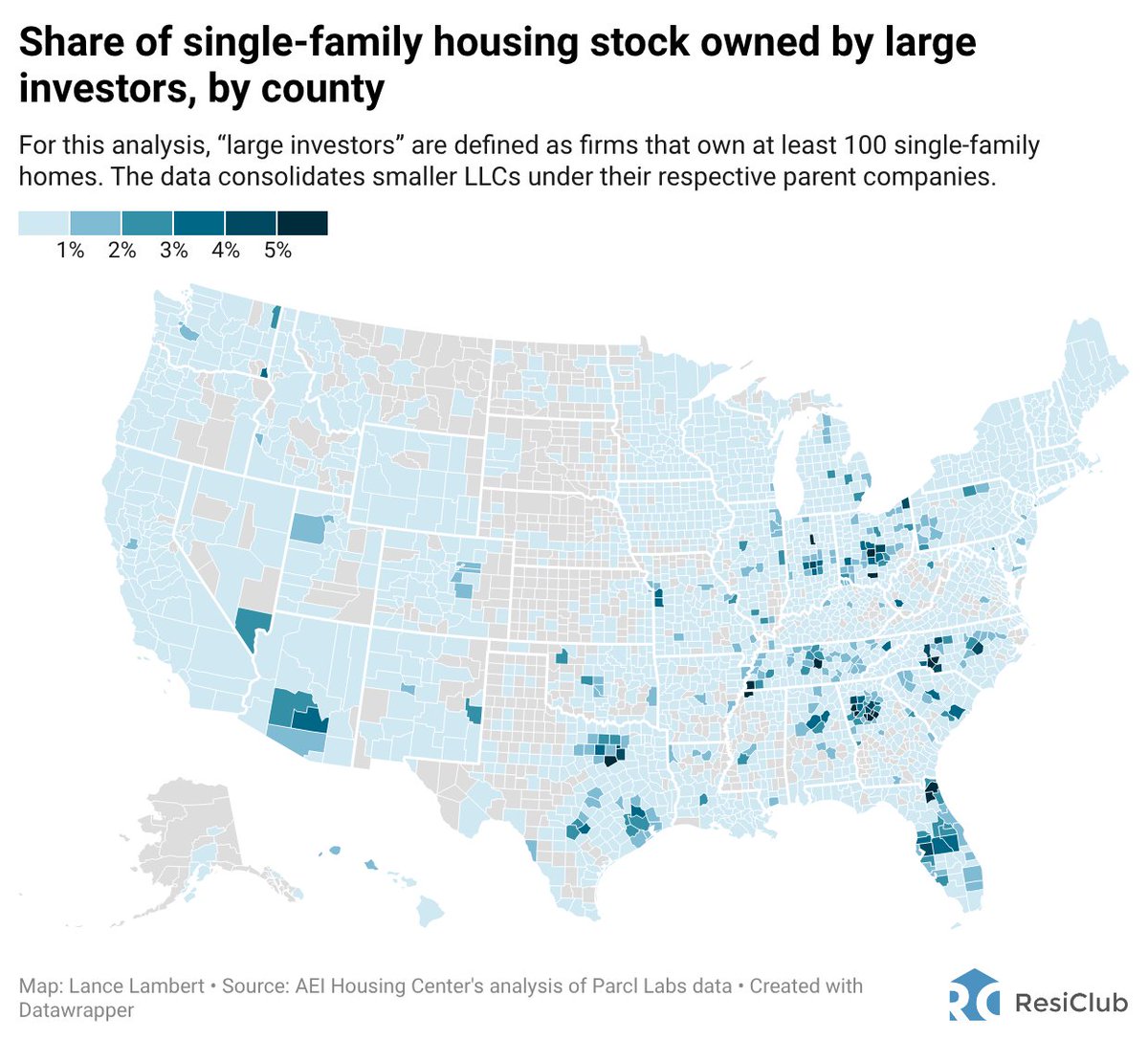 NewsLambert's tweet photo. Share of single-family housing stock owned by large investors, by county

For this analysis, “large investors” are defined as firms that own at least 100 single-family homes

@ResidentialClub map 
@ParclLabs data