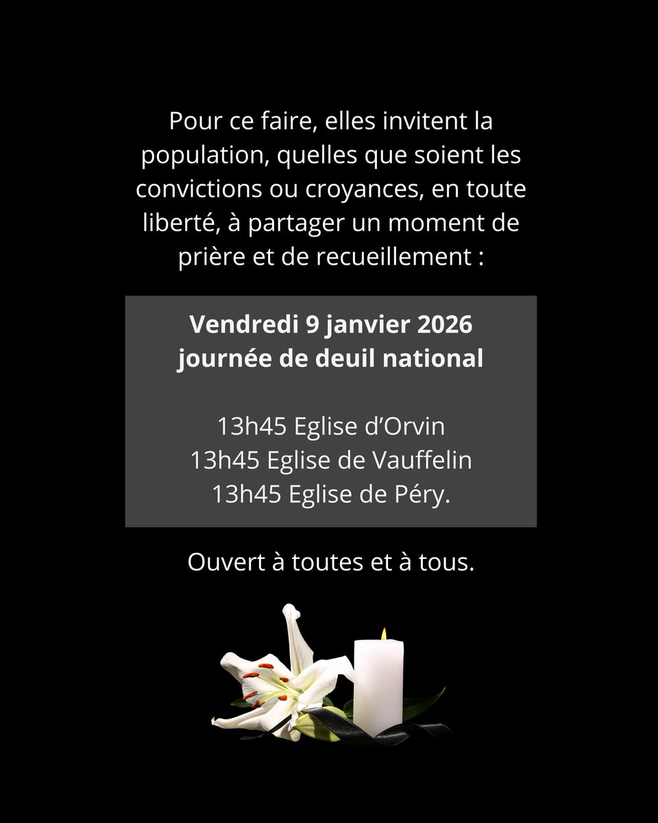 En pensées avec les victimes de Crans-Montana.
La Paroisse réformée de Rondchâtel et les Municipalités d’Orvin, Sauge, Romont et Péry-La Heutte invitent au recueillement le 9.01.2026 à 13h45 (Orvin, Vauffelin, Péry).
Ouvert à toutes et tous. #Solidarité #Recueillement