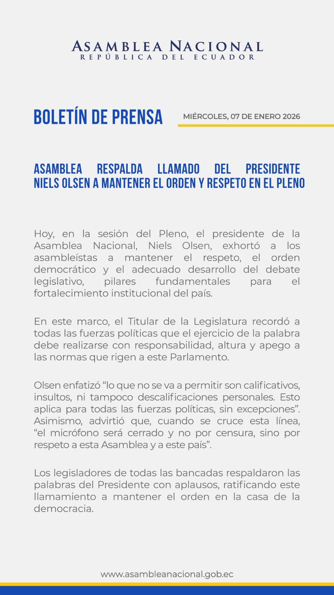 Destaco este pronunciamiento del presidente de la Asamblea Nacional.

Es él, al conducir las sesiones, quien puede/debe poner un alto al caos, los insultos y las descalificaciones, cuando el país tiene tantas urgencias y espera más de sus legisladores.

Este fue el sentido de mi