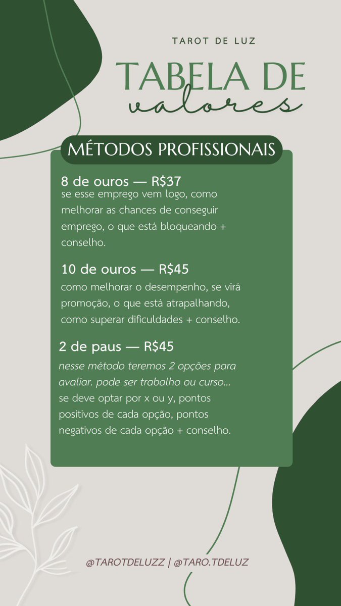 tarotdeluzz's tweet photo. ✨ olá meus amores, precisando de uma consulta de tarot particular? 

eu preparei tudinho pra vocês, aproveite os melhores preços! minha nova tabelinha de valores está logo abaixo. 💚

agendamentos: https://t.co/08RXZgZyir https://t.co/nxwdvyGLdz