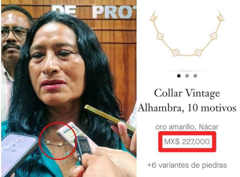 Ar1zZ17's tweet image. ¿Se acuerdan del collar Van Cleef &amp;amp; Arpels valuado en alrededor de 227 mil pesos que dijo la corrupta Abelina López que le regaló la gente, porque "la ama"? Bueno, hoy le giraron orden de presentación: la Fiscalía la acusa de cohecho.