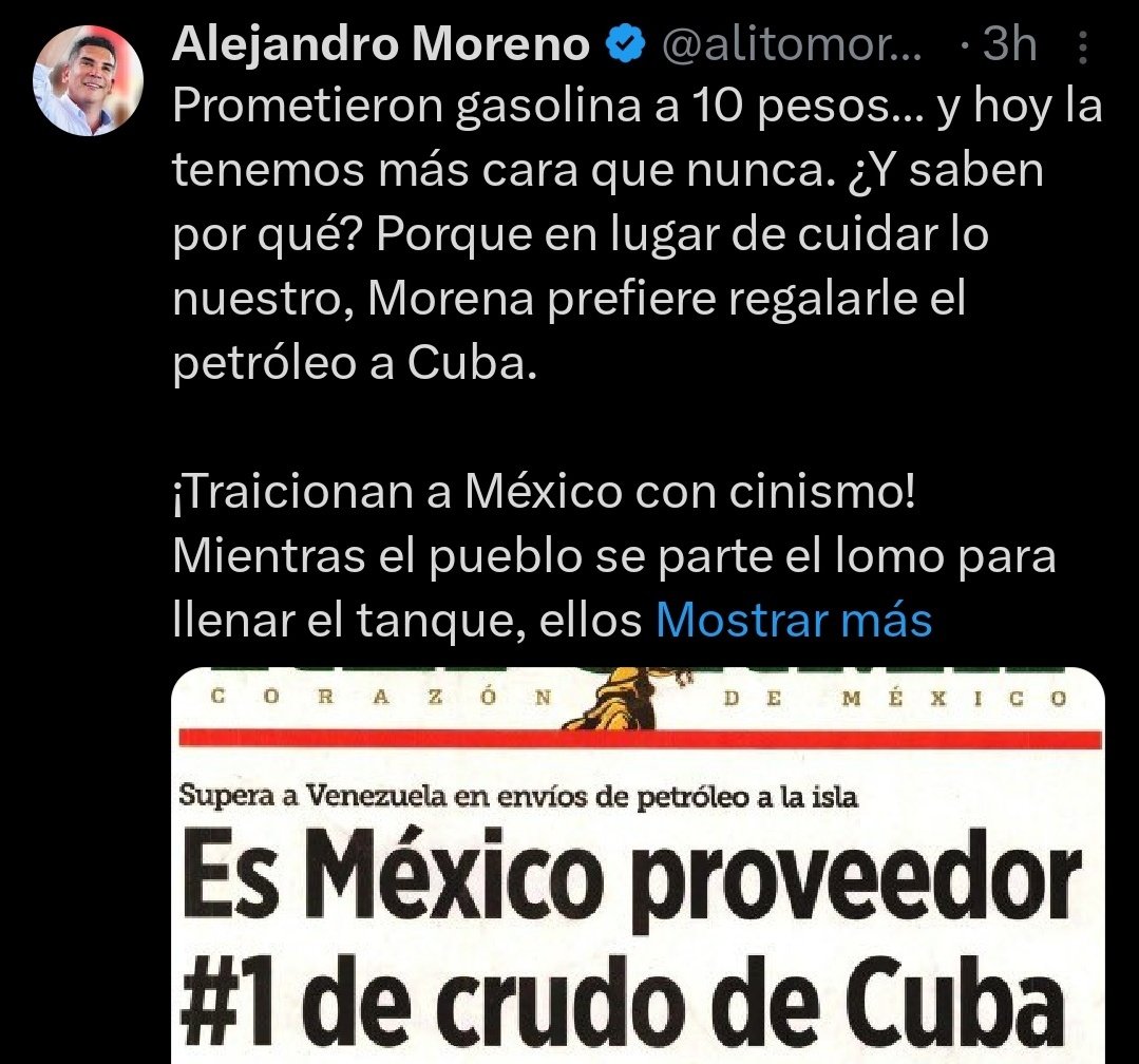 Mike_Oviedo's tweet image. El corrupto @alitomorenoc politiza el envío de crudo a Cuba y habla de “promesas”, el muy cínico. Pero resulta que el envío inició con los gobiernos del PRI, desde Echeverría y siguió hasta Peña Nieto. ¿Y no fue el PRI quien prometió que la Reforma Energética bajaría la gasolina?