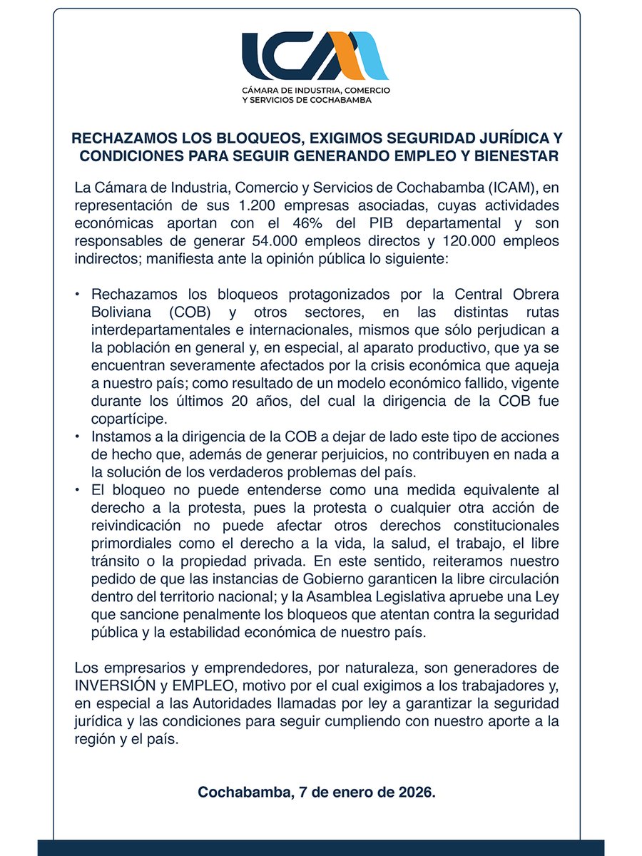 ICAMCBBA's tweet image. 📢PRONUNCIAMIENTO
Desde la Cámara de Industria, Comercio y Servicios de Cochabamba (ICAM) rechazamos los bloqueos.
Exigimos seguridad jurídica y condiciones que permitan seguir generando empleo y bienestar para Bolivia.
#ICAM #HechoEnBolivia #icaminforma