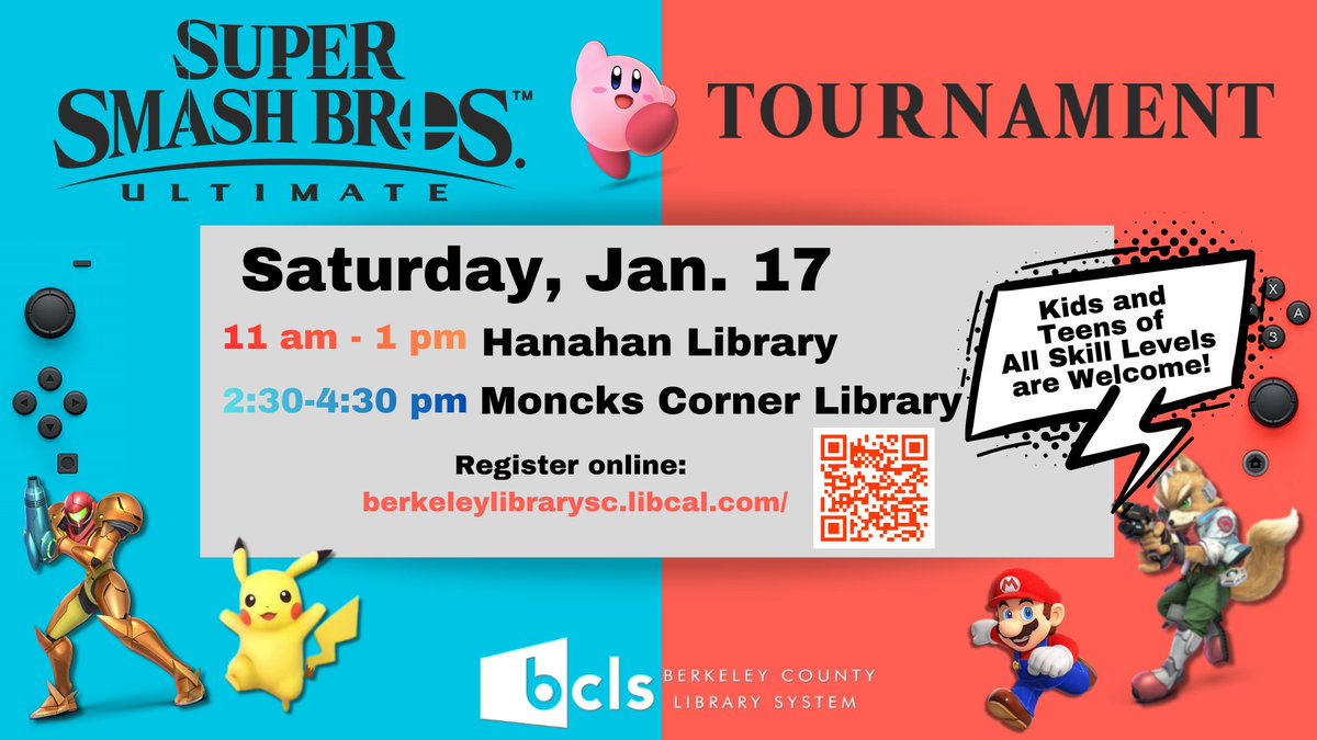 bcls's tweet photo. Two Times.  Two libraries:  Hanahan and Moncks Corner!
Ultimate Smash Bros. Tournament, for all ages and skill levels! Register at https://t.co/CHCN3Ej8bt.
For more information, please contact Jessica Nuckolls at 843-719-4278 or jessica.nuckolls@berkeleycountysc.gov. https://t.co/LiO3hRIRcD