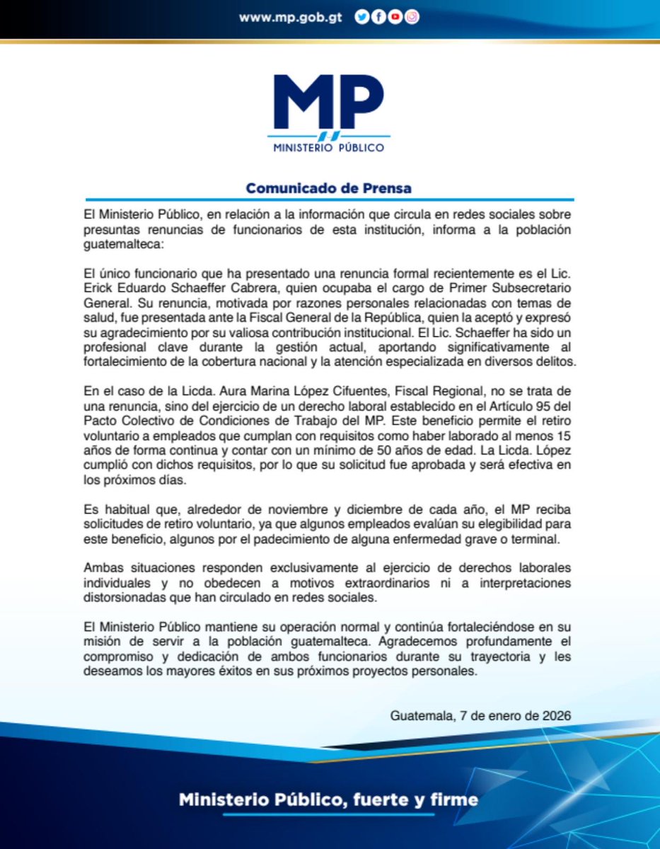 Comunidado del Ministerio Público, en relación a la información que circula en redes sociales sobre renuncias de funcionarios.