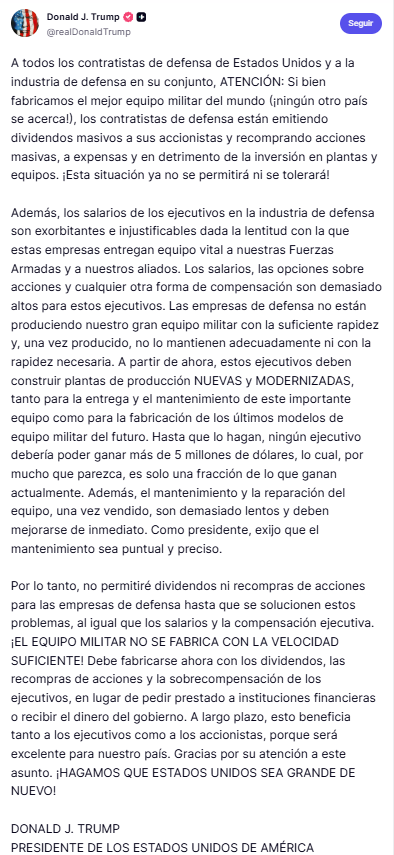 nachomdeo's tweet photo. Trump anuncia una intervención estatal en el sector de defensa y prohíbe el reparto de dividendos o recompra de acciones a menos que cada compañía construya nuevas intalaciones y aumente su producción. Fijó un límite de U$S 5 millones para el ingreso  de los ejecutivos del sector hasta que cumplan la directiva
