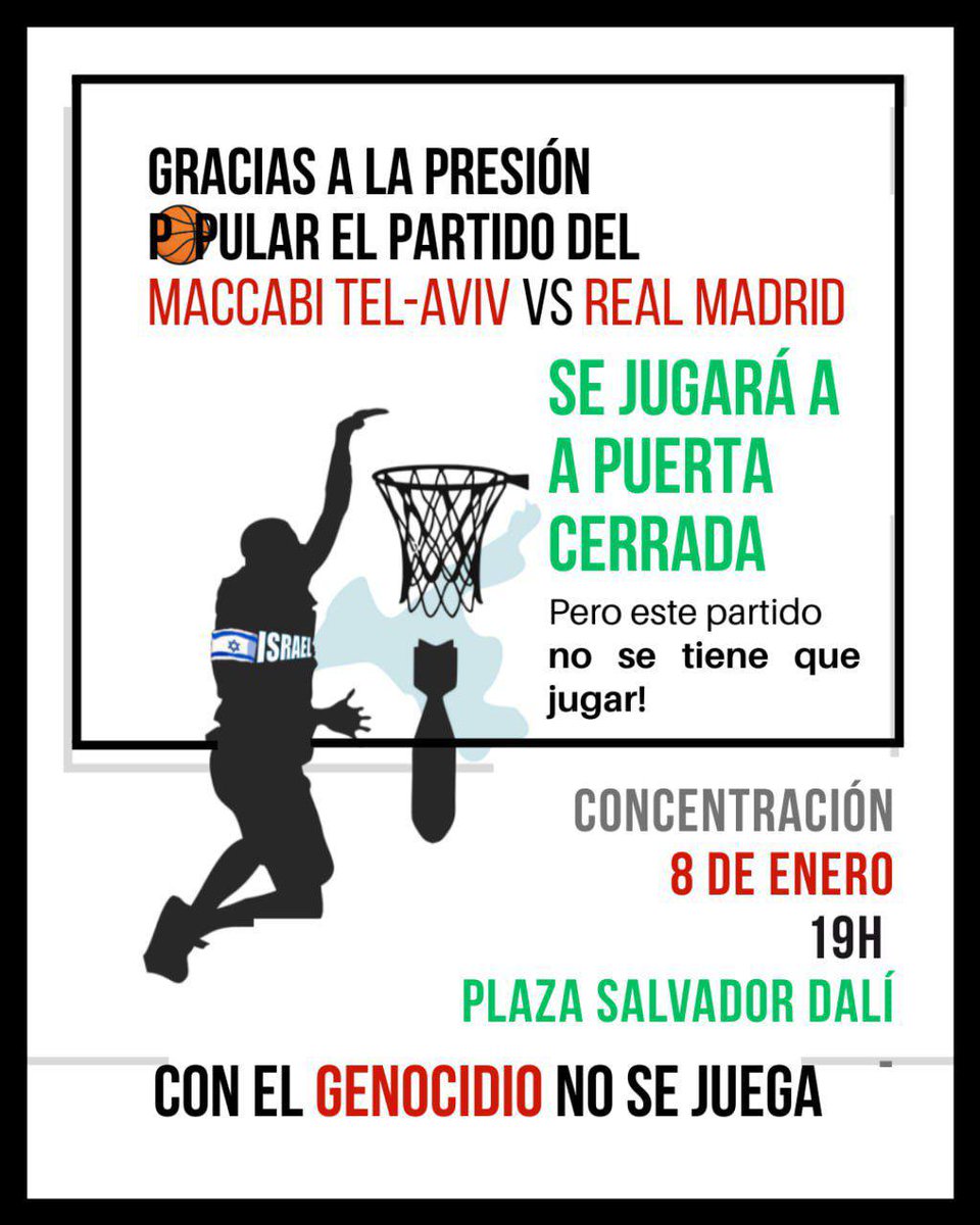 No se puede dar ni un respiro a cualquier tipo de complicidad o legitimación -, ya sea política, empresarial, cultural o deportiva - con el sionismo genocida. 

Mañana 👇

#BoicotDeportivoIsrael
#StopSportswashing