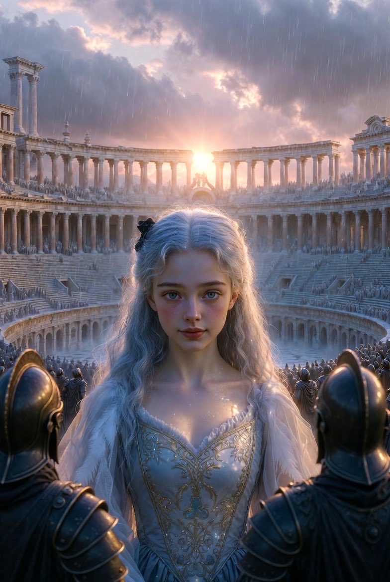 time_machine10's tweet image. Alone in the vast, rain-drenched Colosseum accessed through a forbidden time machine, the silver-haired empress surveys her new imperial domain with quiet resolve.