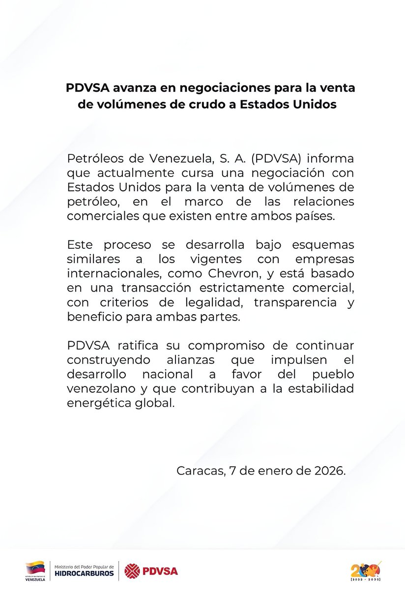 PDVSA confirma las negociaciones con Estados Unidos para la venta de petróleo.

Delcy Rodriguez bajo las órdenes estrictas de Marco Rubio. #NicolasMaduro
