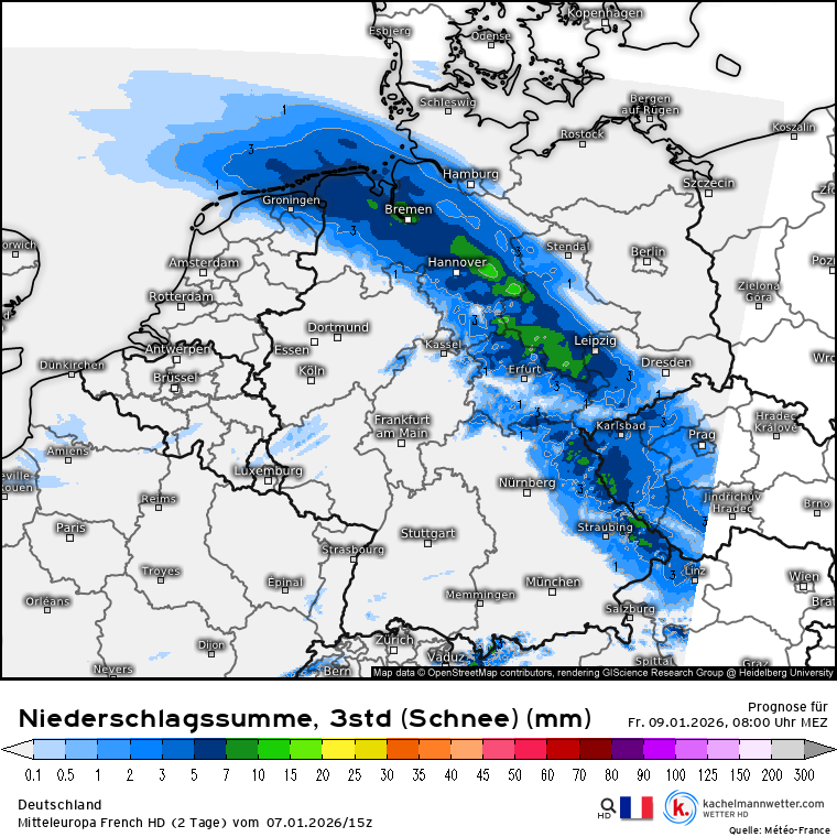 Kachelmannwettr's tweet image. Schneechaos im Berufsverkehr am Freitagmorgen. Die Karten zeigen die 3stündigen Niederschlagsmengen als #Schnee. Gebietsweise sind 5-10mm in 3 Stunden möglich, was bei Pulver teils &amp;gt;10 cm in 3h macht. Dazu starker Südostwind mit erheblichen Verwehungen. /FR