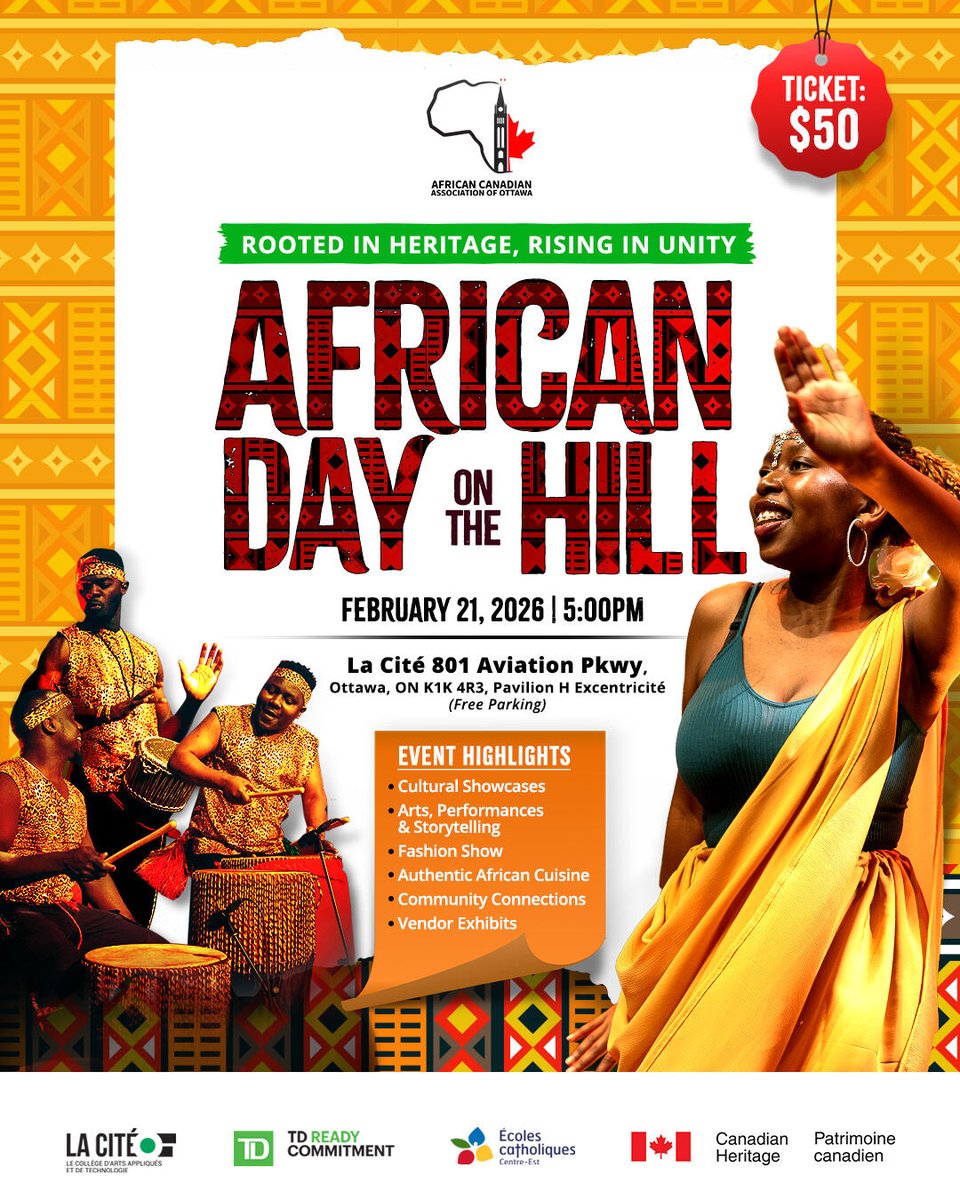ADOTH 2026 is officially going to be EPIC! 🌍✨
We’re celebrating Black Excellence with star performances, incredible food, and community power. Last year was a sell-out—don’t be the one hearing about it later! 🎟️
📅 Feb 21, 2026 📍 La Cité
#ADOTH2026 #BlackExcellence #Ottawa