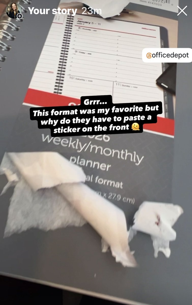 CSivills's tweet photo. Creating things with the customer in mind seems like an easy button but this one was a fail @officedepot - placing a giant product sticker on the front of the 2026 calendar (I’ve been scraping for 20 minutes). https://t.co/4R78j41O73