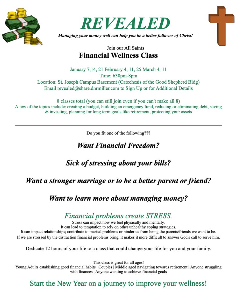 AllParish's tweet image. ⏰ Starts TONIGHT (FREE!)
Struggling with money or feeling financial stress?

REVEALED: Financial Wellness Class
🕡 6:30–8 PM
📍 St. Joseph Campus (Good Shepherd Bldg)

No signup needed. Come see if it’s for you.
#AllSaintsParish #FinancialPeace #FaithAndFinance