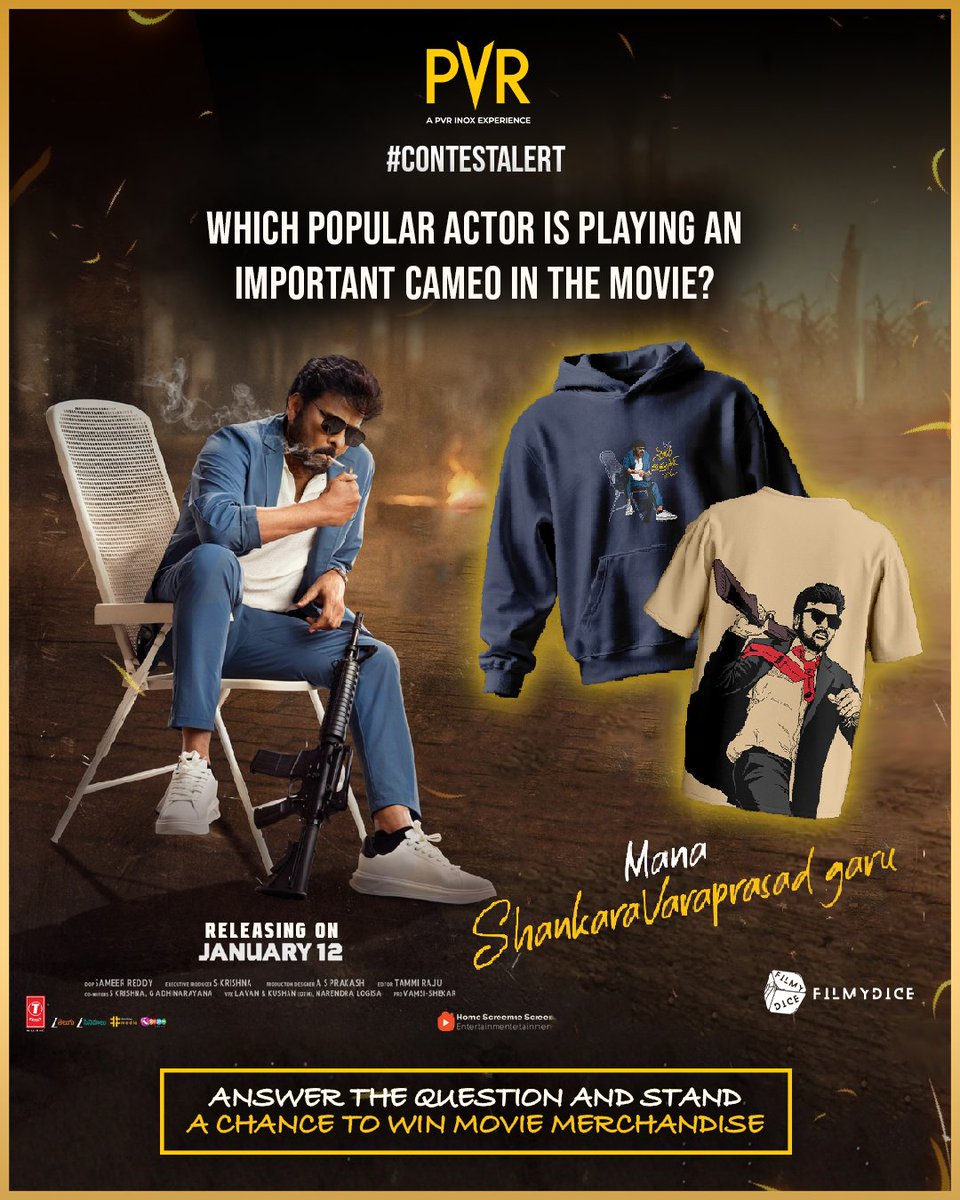 _PVRCinemas's tweet photo. A family entertainer you can’t miss this Makar Sankranthi! 💯🎬
Answer a simple question and stand a chance to win exclusive movie merchandise.

Steps: 
1. Share your answer in the comments
2. Tag PVR CINEMAS @FilmydiceStore and your friends
3. Tag #MSVGAtPVR contest & follow us

#ManaShankaraVaraPrasadGaru releasing at PVR INOX on Jan 12!
.
.
.
#ContestAlert #Chiranjeevi #Nayanthara #CatherineTresa #VenkateshDaggubati
