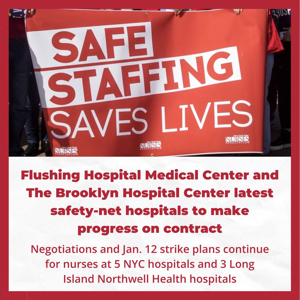 nynurses's tweet photo. Nurses at Flushing Medical Center and The Brooklyn Hospital Center have made progress during bargaining! 

Currently, nearly 16k nurses at 5 New York City hospitals and nearly 1k nurses at 3 Long Island hospitals are still set to strike on Jan 12 – in just 5 days. https://t.co/JXqHYBSBsh