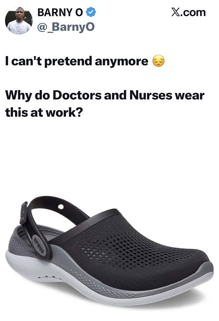 instablog9ja's tweet photo. A social media user has stirred debate, after asking why doctors and nurses wear crocs at work. https://t.co/2bfOwFEYOe