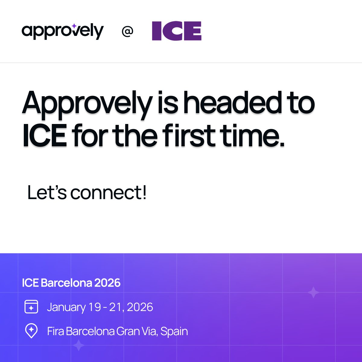 Approvely will be at #ICEBarcelona 🇪🇸

Justin &amp; Chelsie will be on the ground Jan 19–21.

Regulation. Payments. Global scale.

👉 Book a meeting in Barcelona: zurl.co/K3aUb 

#ICE2026 #Gaming #Fintech
