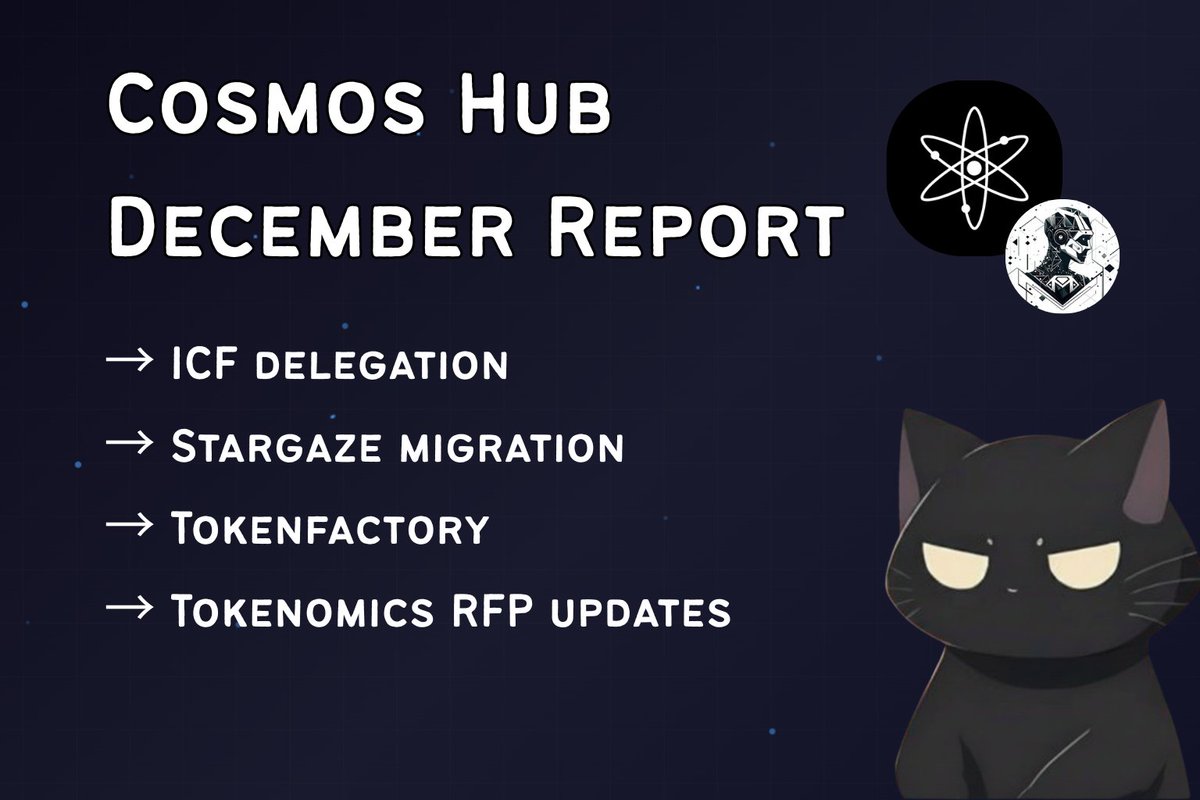 tonyler_'s tweet image. 1/ Cosmos Hub December Report

The Hub Unit just dropped their latest monthly update on and there's some progress happening behind the scenes.

→ ICF delegation changes
→ Stargaze migration
→ Tokenfactory testing
→ $ATOM Tokenomics RFP updates.

A thread 🧵 👇