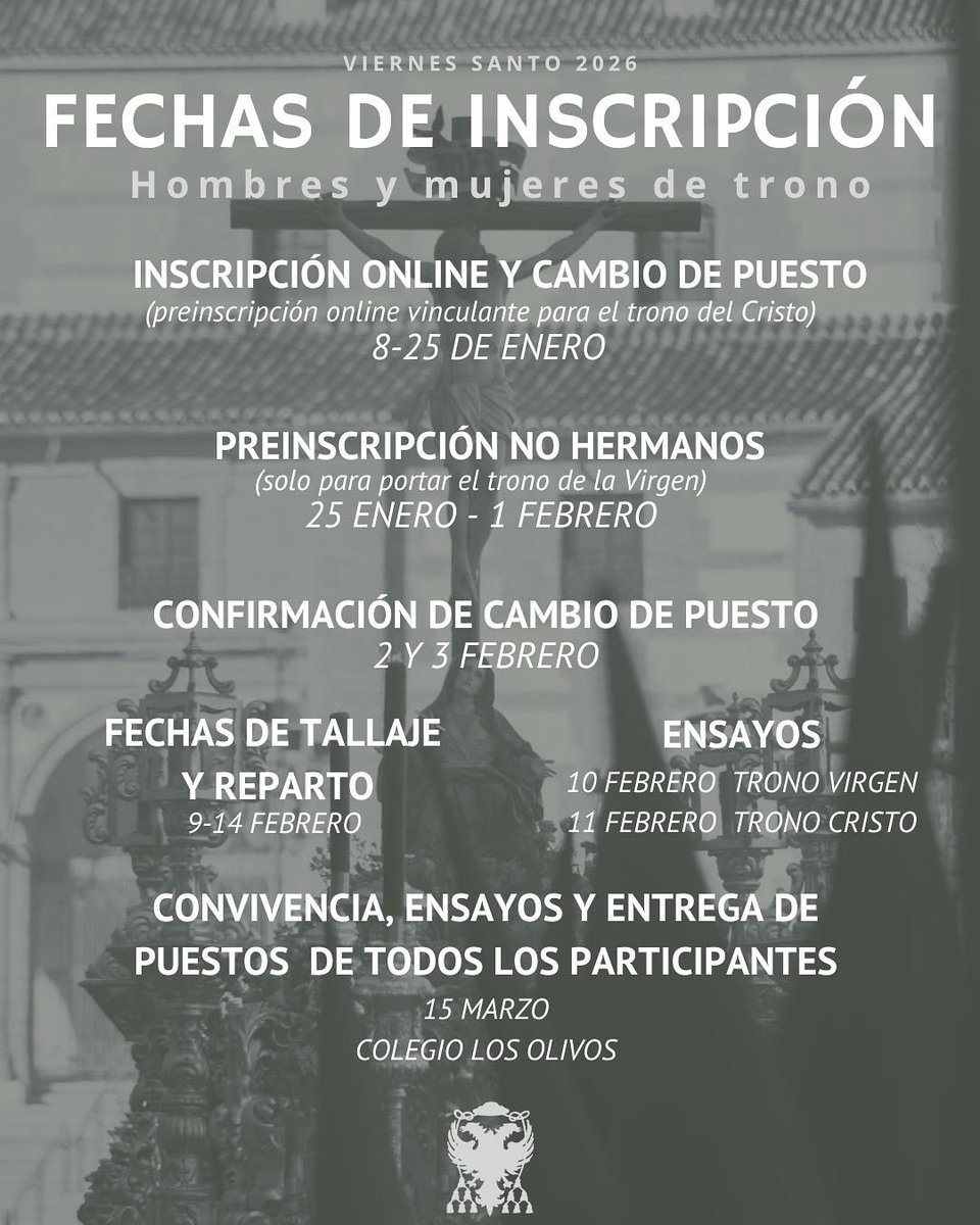 ✍🏻 Inscripción online Viernes Santo 2026

➡️ Hombres y mujeres de trono

⚠️ ¡No olvides estas fechas!

#CofradíasMLG