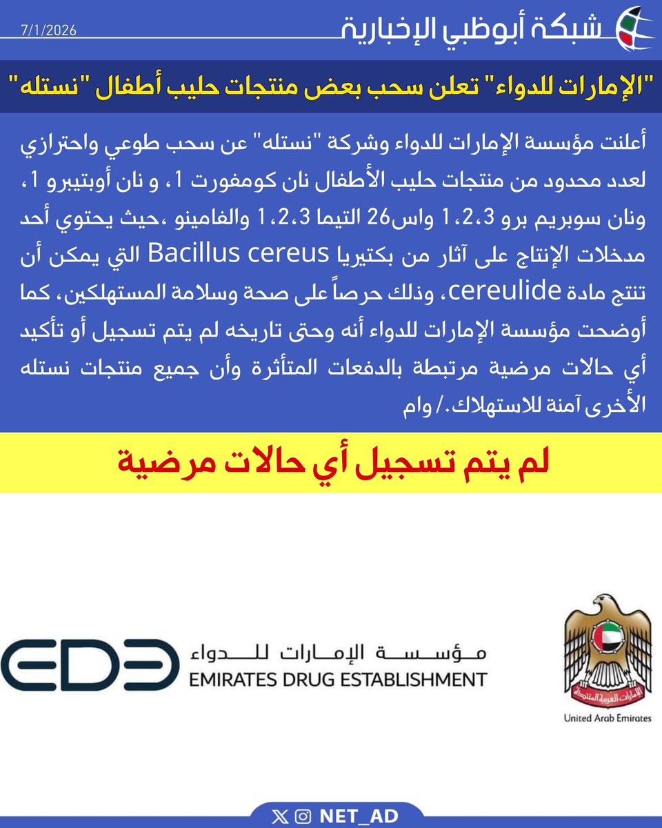 أعلنت مؤسسة الإمارات للدواء وشركة "نستله" عن سحب طوعي واحترازي لعدد محدود من منتجات حليب الأطفال نان كومفورت 1، و نان أوبتيبرو 1، ونان سوبريم برو 1،2،3 واس26 التيما 1،2،3 والفامينو ،حيث يحتوي أحد مدخلات الإنتاج على آثار من بكتيريا Bacillus cereus التي يمكن أن تنتج مادة cereulide،