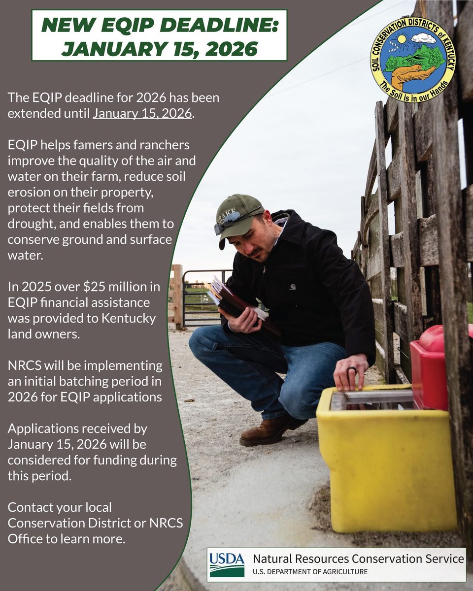 📣📣 Contact your local Conservation District or NRCS office for more information about EQIP and other conservation related programs that are available to Kentucky landowners.🚜🐂🌾👩‍🌾🌽 
<a href="/USDA_NRCS/">Natural Resources Conservation Service</a> <a href="/NACDconserve/">National Association of Conservation Districts</a> #conserveky #costshare