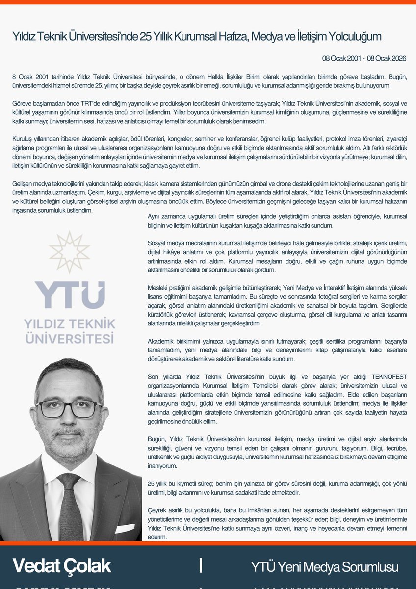 🌟Yıldız Teknik Üniversitesi’nde 25. yılım…

8 Ocak 2001’de başlayan bu yolculuk; kamera arkasında, sahnede ve dijitalde kurumsal bir hafızaya dönüştü.
Bu sadece bir görev değil, güçlü bir aidiyetti.
Aynı heyecanla devam.
#25yıl #ytü
<a href="/YildizEdu/">Yıldız Teknik Üniversitesi</a>