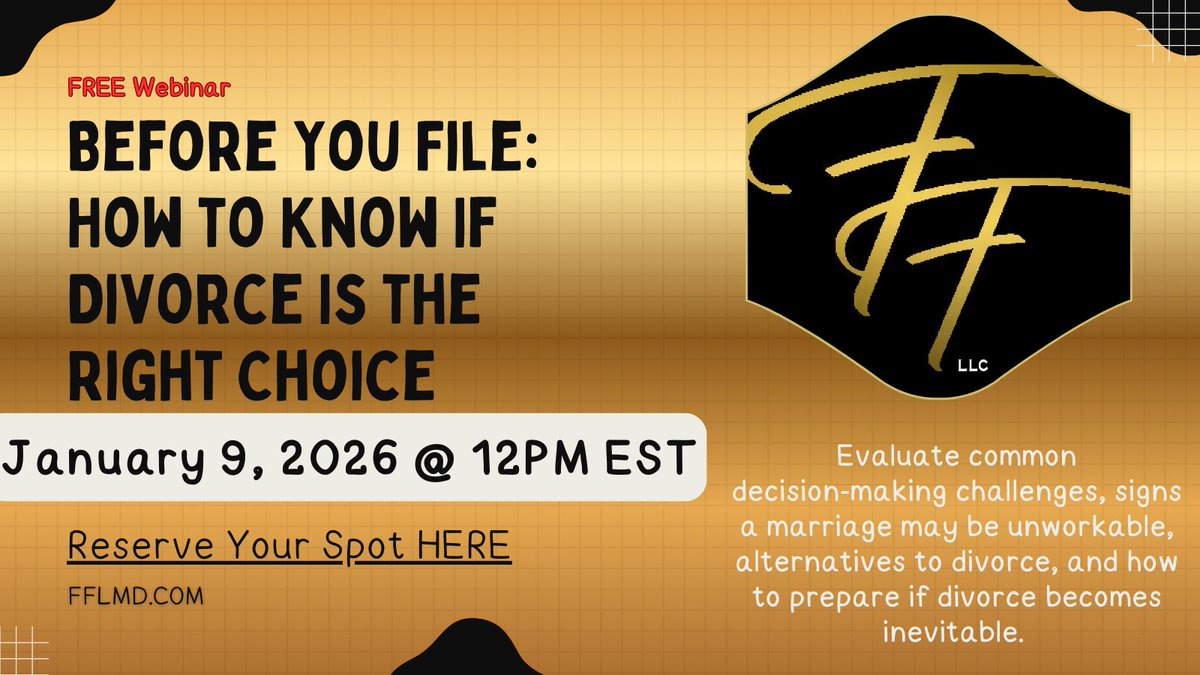 FamilyFirstMD's tweet image. Join us this New Year for the first webinar in our 8-Part Divorce Series, running from January through February 2026.
Sign Up Here: fflmd.com/webinars-%26-e…

#free #Maryland #family #lawyer #Divorce