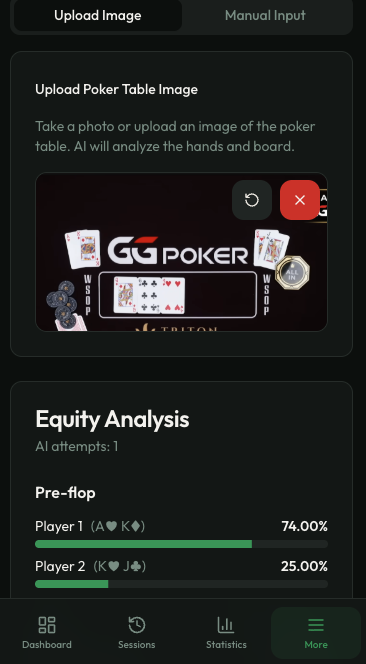 pokerrollApp's tweet photo. 🎯 New Feature: AI-Powered Poker Hand Analysis! 🃏

Just snap a photo of your poker table and our GPT-4o vision AI instantly recognizes all cards and calculates equity across all stages.

✨ What you get:📸 Photo analysis - AI reads cards automatically
📊 Multi-stage equity (Pre-flop → River)
🎯 High accuracy powered by GPT-4o
✋ Manual input option available

Make smarter decisions at the table. Try it now!
#PokerTech #AI #PokerAnalysis #PokerTools