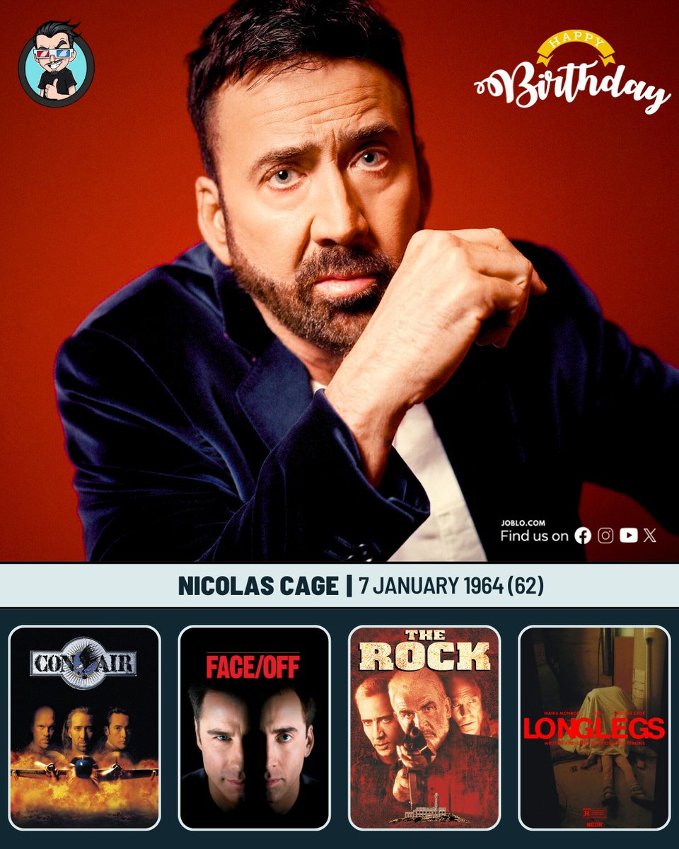 joblocom's tweet image. Nicolas Cage turns 62 today! 🎂
 #NicolasCage LeavingLasVegas #FaceOff #ConAir #TheRock #NationalTreasure