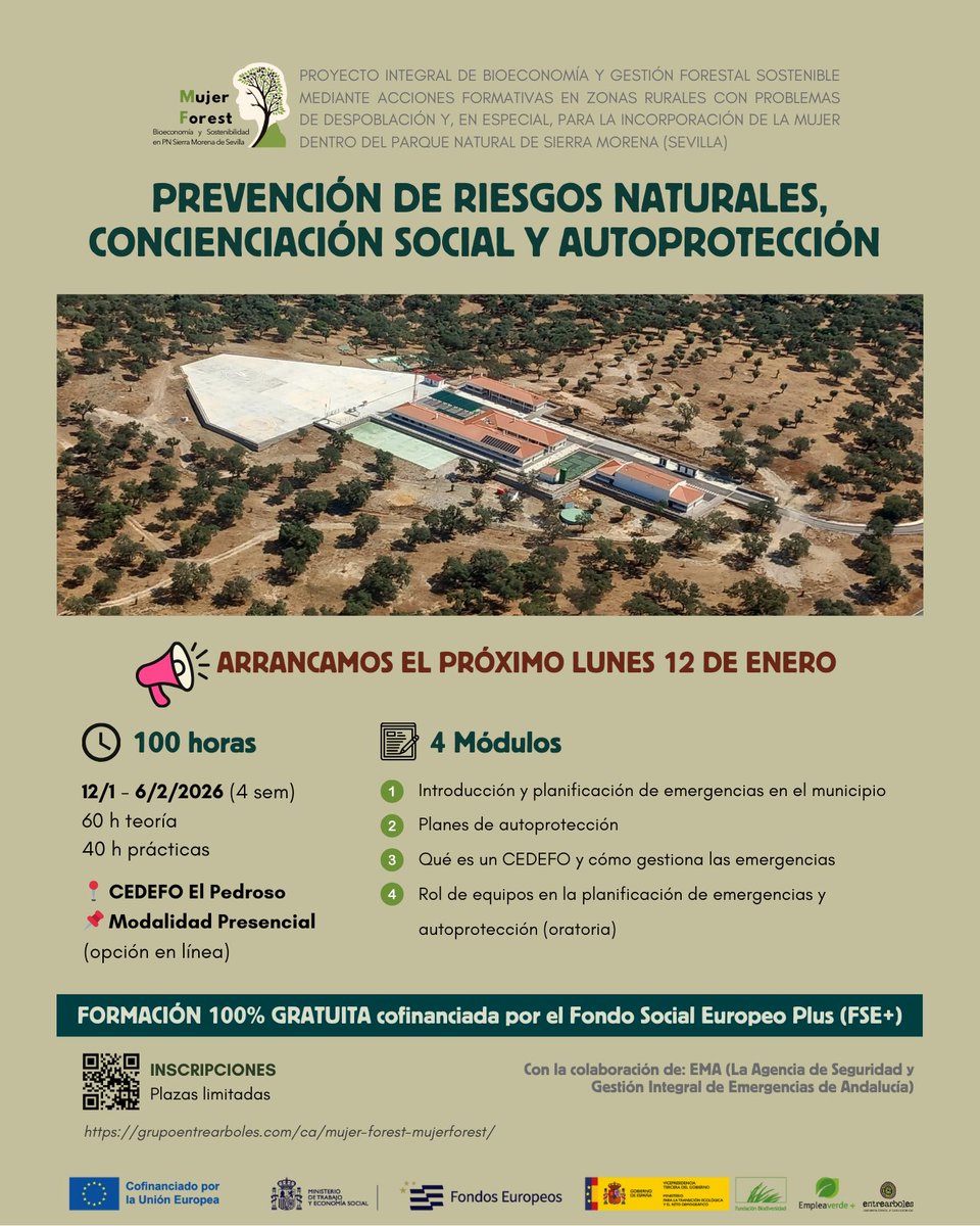 📣 Arrancamos #MujerFOREST

Comenzamos con la formación en Prevención de Riesgos Naturales, en el CEDEFO de El Pedroso (Sierra Morena, Sevilla).

Proyecto gratuito de formación y empleabilidad verde 🌿

Con la colaboración <a href="/Plan_INFOCA/">EMA INFOCA</a>  
Cofinanciado por #FSEPlus <a href="/FBiodiversidad/">Fundación Biodiversidad</a>