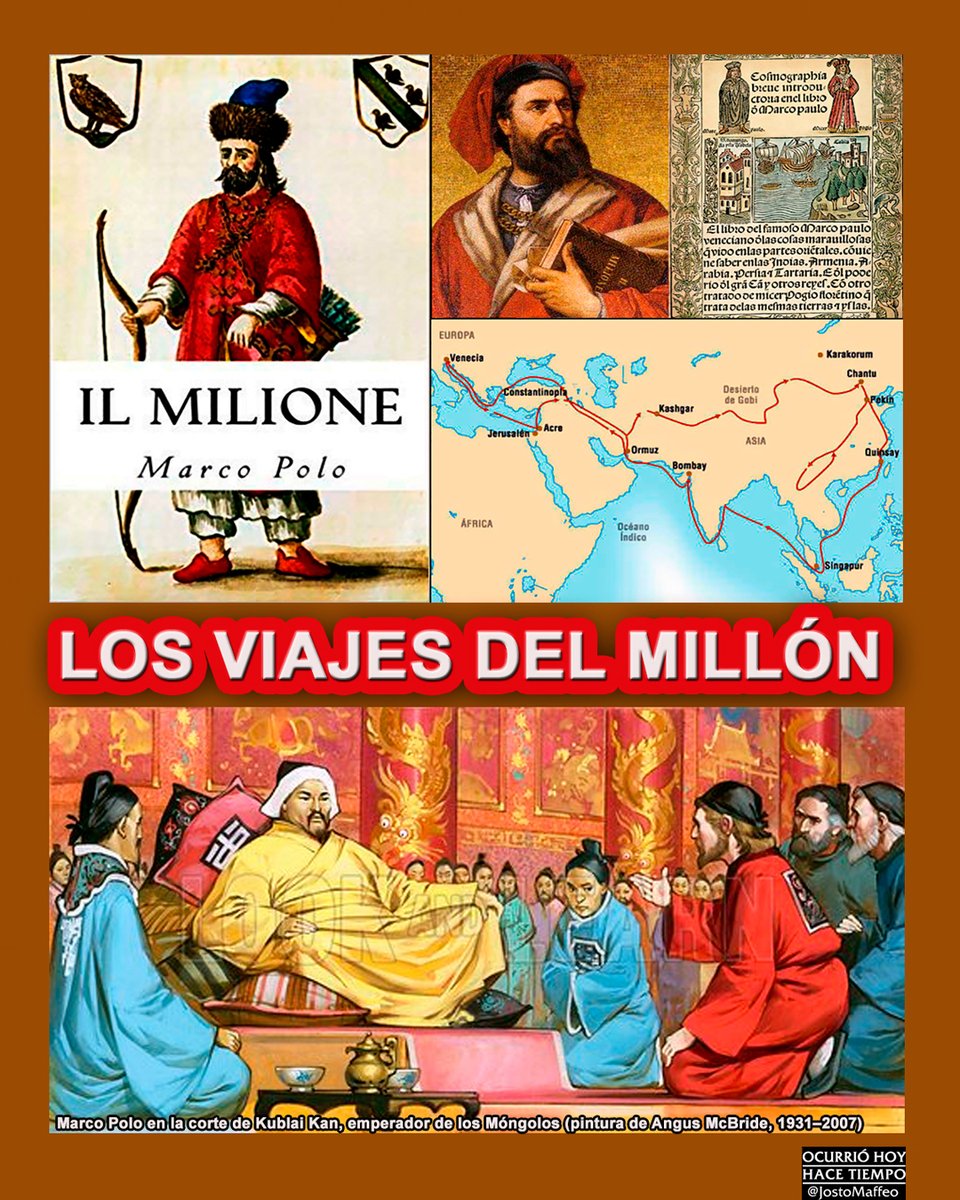 JostoMaffeo's tweet photo. 📕 VIAJES DEL MILLÓN 🌍
8 Enero 1324. Fallece en #Venezia el explorador y comerciante Marco #Polo.
Sus memorables viajes a #China a la corte del #GranKhan los dictó a #Rustichello da #Pisa. Fue #IlMilione, gran libro de viajes que ha dado pie a documentales y películas. https://t.co/Qg3ga3U7Y7