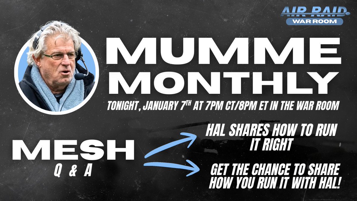 AirRaidCert's tweet image. TONIGHT 7PM CT/8PM ET!

Everyone runs it now… Mesh

How do you do it right?

Hal will share the details. 

Also why do you do some of the things you do in Mesh? Hal would like to know!

All happening in Mumme Monthly as part of the Air Raid War Room!

It's not too late to join…