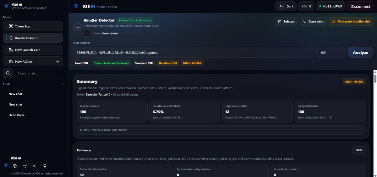 V26_ai's tweet photo. COMING SOON: Bundler Detector (Solana)

We’re finalizing the next Bundler Detector release to strengthen coordinated-wallet analysis for Solana tokens.

What’s coming:

• Smarter Risk Scoring (more stable, more consistent)
• Evidence Layer: shared funders, entry-time clusters, same-block patterns
• Improved Token Metadata: name/symbol/icon with multi-source fallback
• UI/UX refinements: clearer summary + cleaner evidence tables

Built for verification: signals you can trace not just labels.

#V26 #AI #Solana #Web3