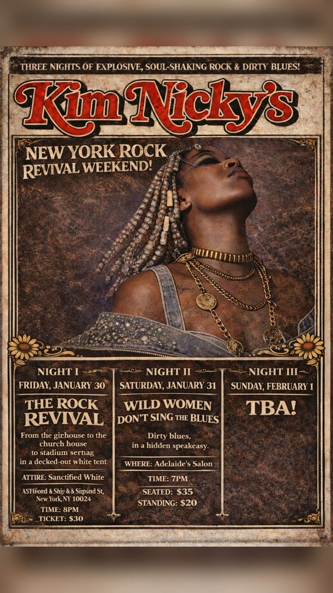 🍎 KIM NICKY's NEW YORK ROCK REVIVAL WEEKEND! 
JAN 30, 31 &amp; FEB 1! 

✨‼️ equal parts rock, soul, blues and all the good sh** in between! each night is a new experience! 

🎫 GRAB YOUR TICKETS TODAY: linktr.ee/kimberlynichol…