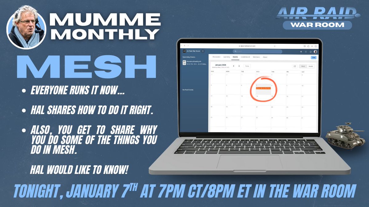 CoachKGrabowski's tweet image. The first Mumme Monthly of 2026 is TONIGHT at 8PM ET

Join Hal Mumme for a live conversation.

War Room members: access the live session by clicking Events.

Not part of the Air Raid War Room yet? There’s still time to join. Explore everything the War Room has to offer:…