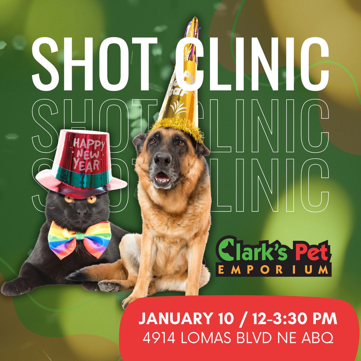 🐾💉 Upcoming Pet Shot Clinic! 💉🐾
Keeping your pets healthy has never been easier. Join us for our upcoming shot clinic. Mark your calendar and stop by on January 10th at our Lomas Location! Details &amp; pricing: clarkspets.com/shot-clinic

#ClarksPets #abqpets