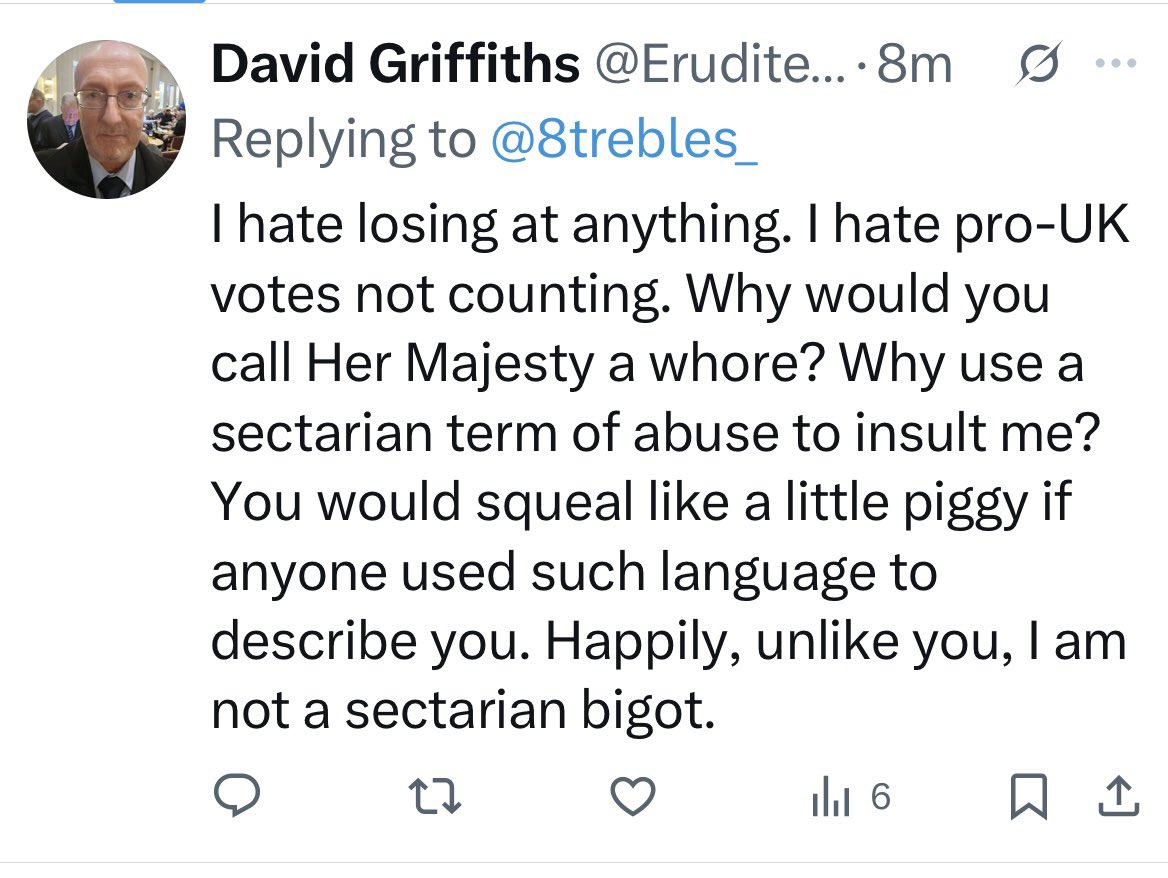 Ails53430's tweet photo. And off he fucks, blocking me after gaslighting me with IRA men, using abusive language at Bobby Sands. Hun isn’t sectarian. The piggy stuff is top pervert level - Masonic stuff or hillbilly blood? Imagine this wanker in public office. What a wetwipe. @Erudite4Unity https://t.co/hFp5zK0NiO