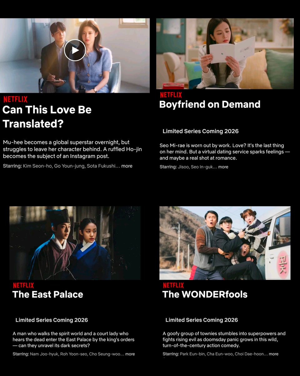 GiaAllana's tweet image. NOW ON NETFLIX'S PLATFORM:

🌏 "Can This Love Be Translated" 
— Kim Seon Ho and Go Youn Jung
🗓 Premieres on January 16

👫🏻 "Boyfriend On Demand"
— BLACKPINK's Jisoo and Seo In Guk
🗓 Premieres in 2026

🏰 "East Palace" 
— Nam Joo Hyuk and Roh Yoon Seo
🗓 Premieres in 2026.

🦸🏻‍♂️🦸🏻‍♀️…