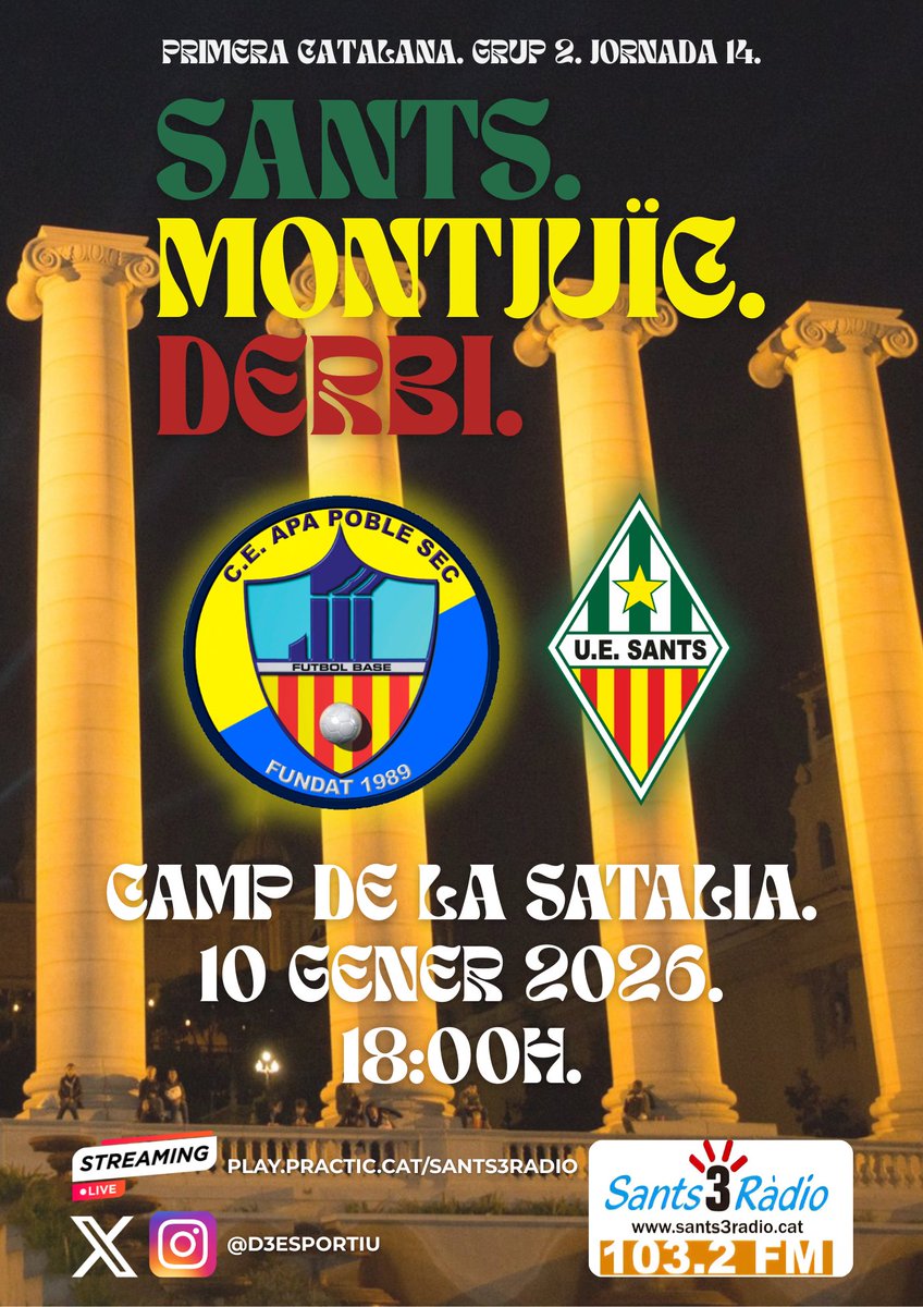 ⚽️ DERBI ⚽️

Grocs i blanc-i-verds es veuen les cares per obrir el 2026, en el seu primer duel oficial. 

Una partit per a la història, en directe, a Sants 3 Ràdio.

🆚 APA Poble Sec - UE Sants | J14

📅 Dissabte 10 de gener
🕛 18:00
🏟️ La Satalia

#️⃣ #1cat2 | #DerbiSantsMontjuïc