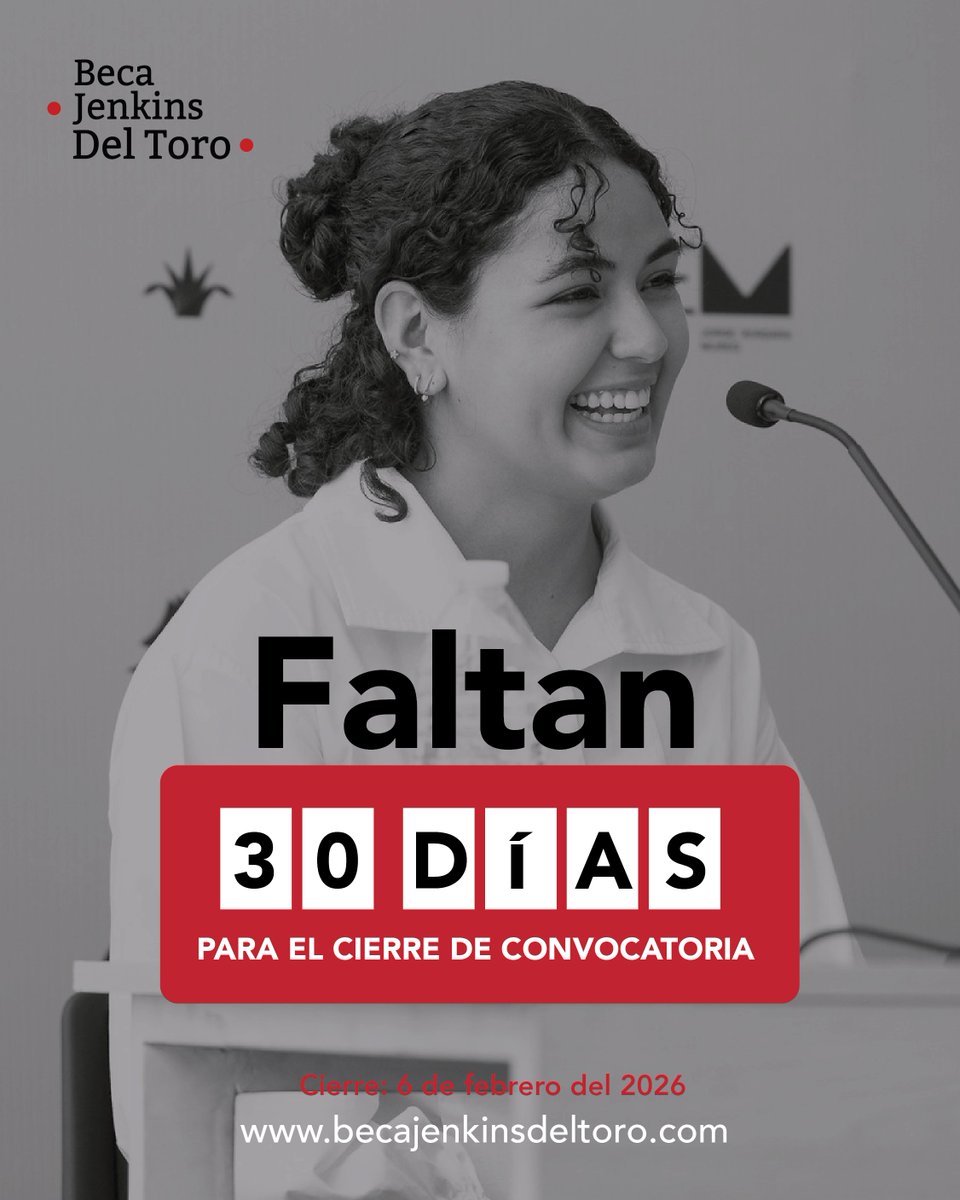 ¡Faltan 30 días para el cierre de la convocatoria de la #BecaJenkinsDelToro!

Aplica ya y obtén la oportunidad de estudiar cine en cualquier parte del mundo Más información ➡️ becajenkinsdeltoro.com
