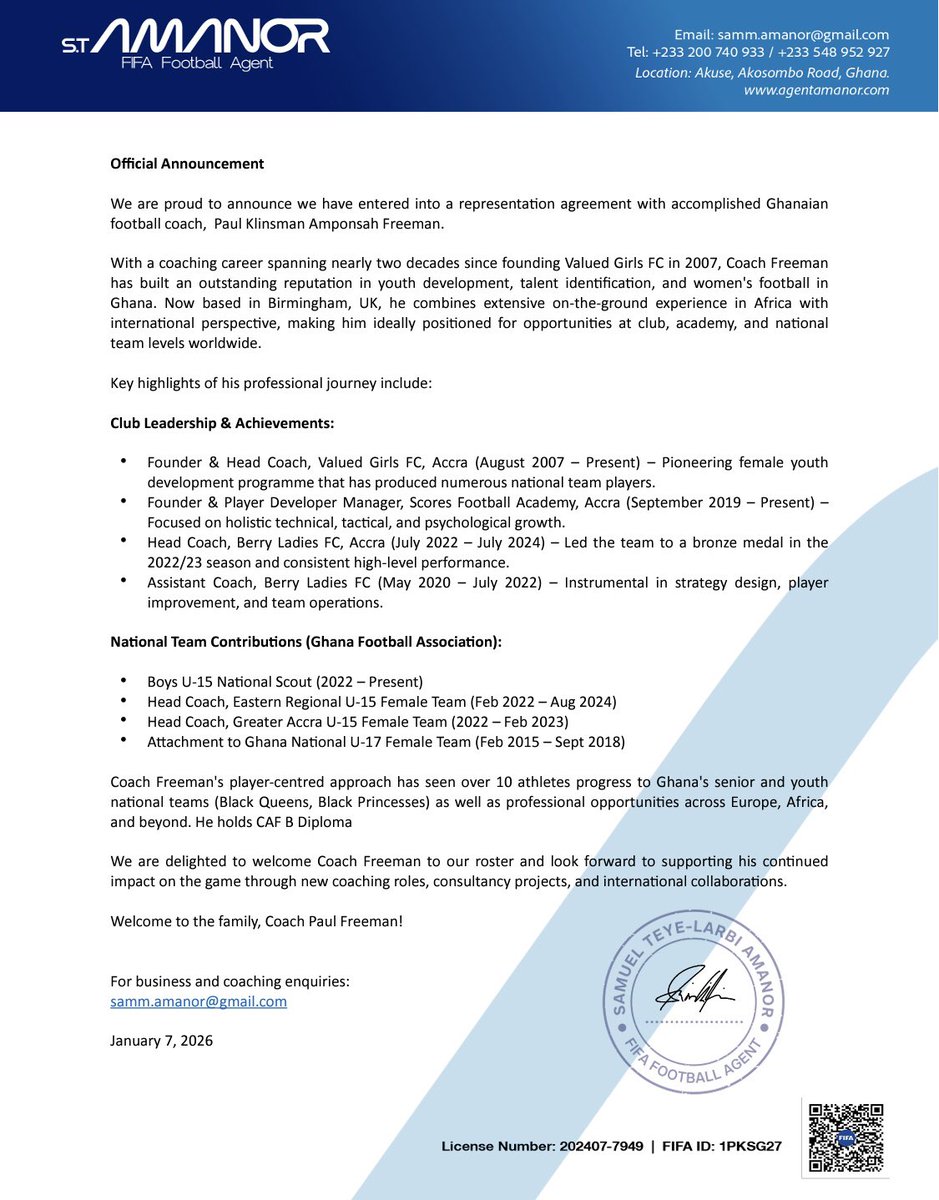 Samuel_amanor's tweet image. Official Announcement

We are proud to announce we have entered into a representation agreement with accomplished Ghanaian football coach,  Paul Klinsman Amponsah Freeman.

Welcome to the family, Coach Paul Freeman. Full statement below 👇 

#FIFAagentAmanor #Youthfootball