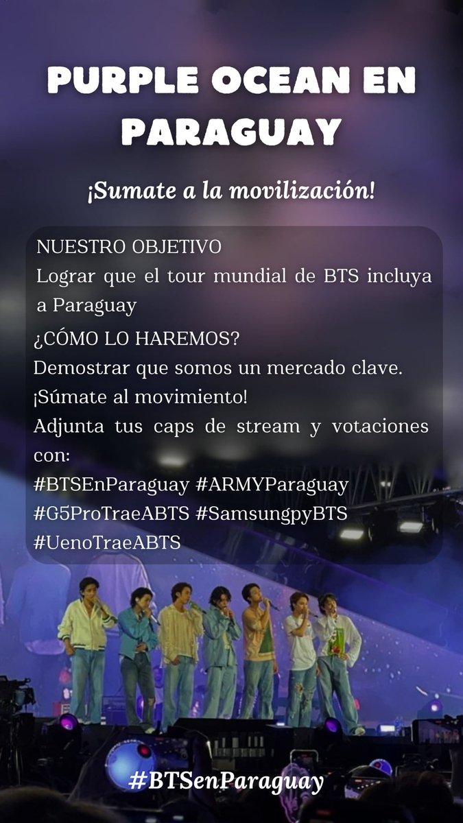 ¡Paraguay está listo para el Purple Ocean! 🇵🇾💜 Somos una comunidad masiva esperando el tour mundial de BTS. 

<a href="/SamsungPY/">Samsung Paraguay</a> <a href="/G5pro/">G5pro</a> <a href="/uenopy/">ueno bank</a> 

¡Hagámoslo realidad juntos!
#BTSEnParaguay
#ARMYParaguay
#SamsungpyBTS
#G5ProTraeABTS
#UenoTraeABTS