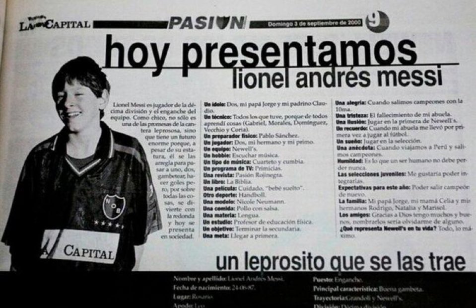 Leo Messi a los 13 años
"Humildad: es lo que un ser humano no debe perder nunca"
... y no la perdió (25 años después)
