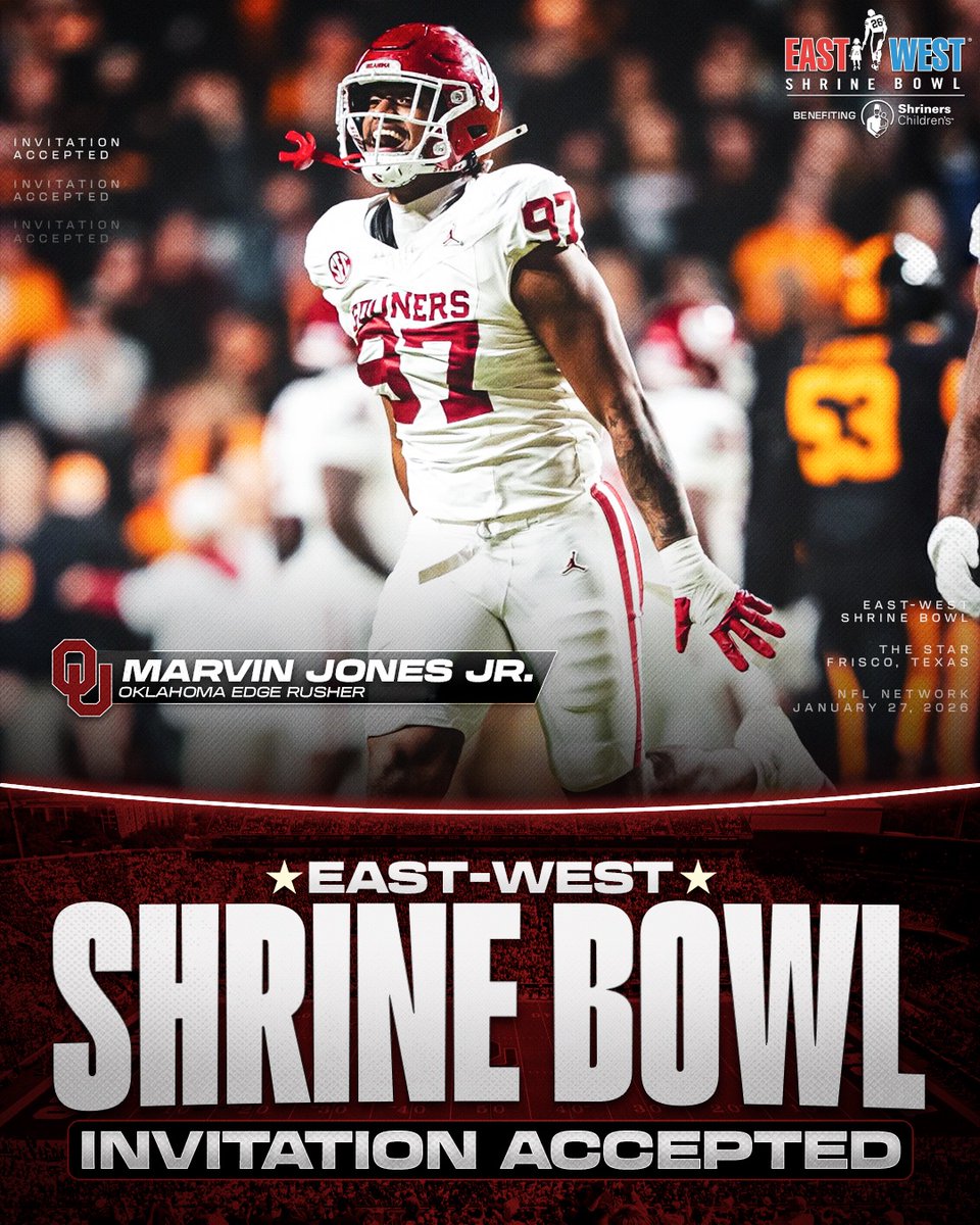 ShrinersBowl's tweet photo. Invitation Accepted

@OU_Football Edge Marvin Jones Jr. (@marvinjonesjrr) is locked in for the East-West Shrine Bowl! 👊

#BoomerSooner | #ShrineBowlWHOSNEXT 😎 https://t.co/j6CBjROMec