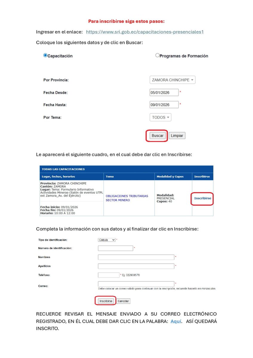 #SRIZonal7

¡No te pierdas la capacitación presencial que brindaremos sobre Obligaciones Tributarias del Sector Minero!

Este viernes 9 de enero de 2026, te esperamos en el Salón Auditorio de la @UTPL extensión #Zamora. 

Inscríbete y participa.